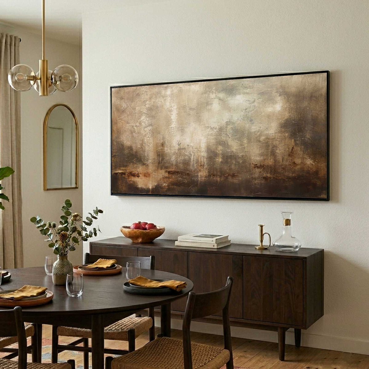wide Painting Above dining room space Calming Brown Art
