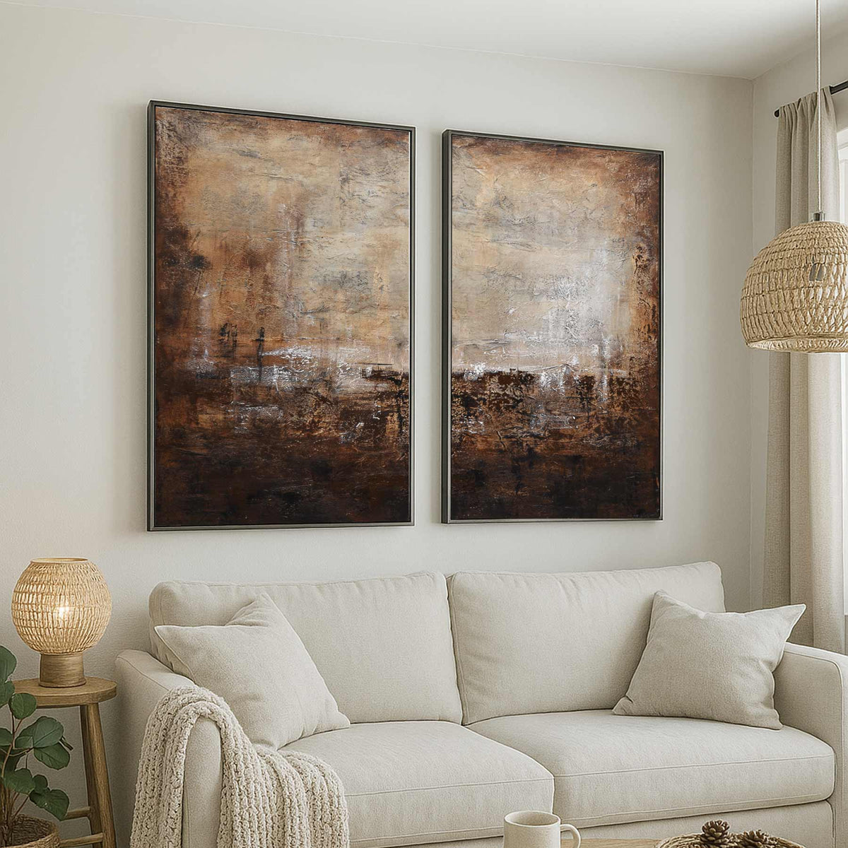 Diptych Large Art Brown Colors Framed Art Beige Earth Tones above sofa