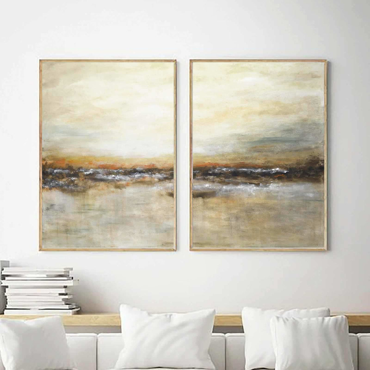 Diptych Artwork For Large Walls Earth Tones Brown Beige Paintings above couch