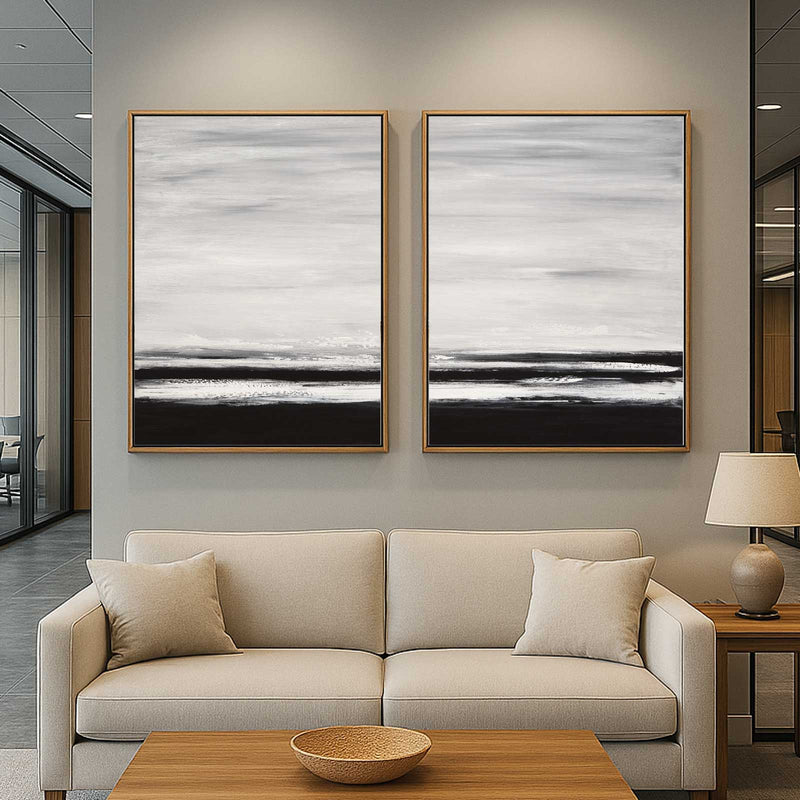 Set Of Two Black And White Paintings Landscape For Living Room