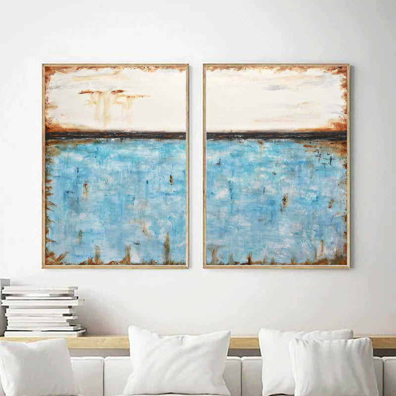 Diptych Painting Blue White Brown Art For Office Large Wall Art above couch