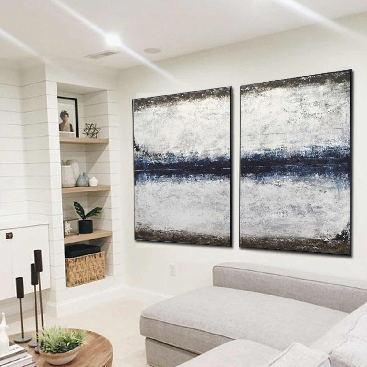Set Of 2 Blue Paintings Very Large Abstracts Diptych Framed