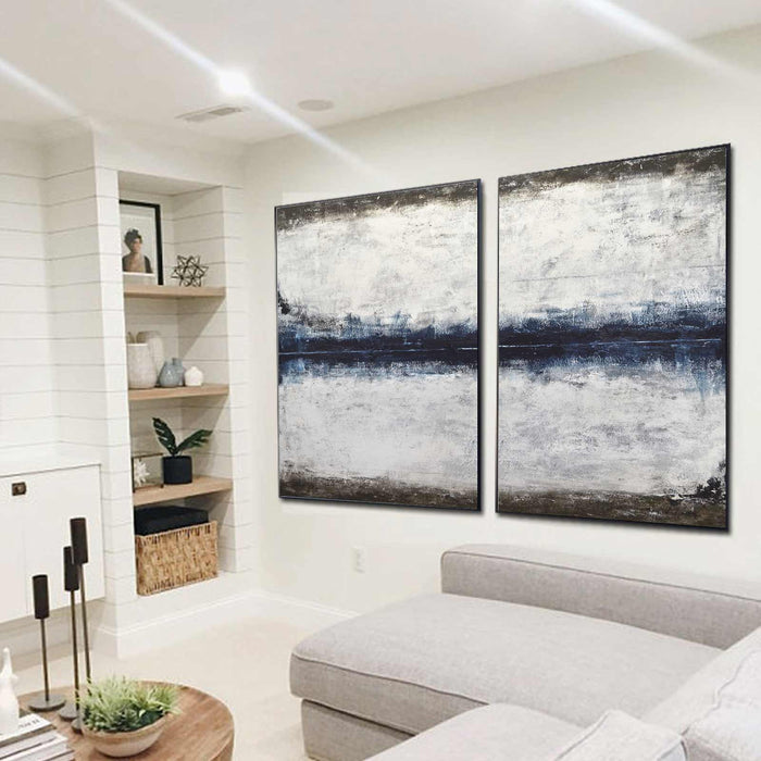 Set Of 2 Blue Paintings Very Large Abstracts Diptych Framed