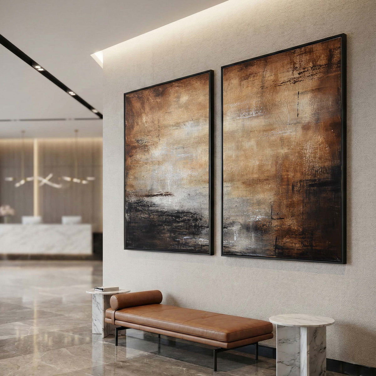framed Brown Large Abstract 2 Piece On Canvas Diptych For Modern Office lobby