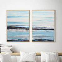 Set Of 2 Paintings Modern Minimalist Blue White Seascapes Diptych above couch