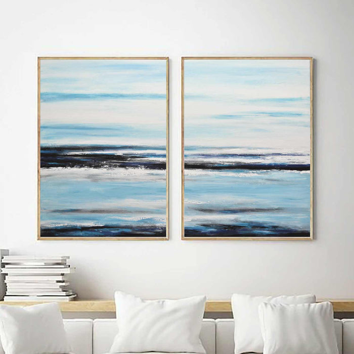 Set Of 2 Paintings Modern Minimalist Blue White Seascapes Diptych above couch