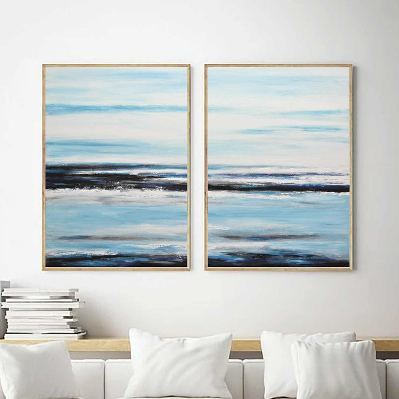 Set Of 2 Paintings Modern Minimalist Blue White Seascapes Diptych above couch