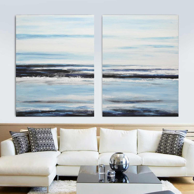 Set Of 2 Paintings Modern Minimalist Blue White Seascapes Diptych above sofa