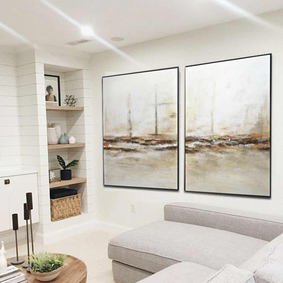 set of 2 Piece Paintings On Canvas Beige Light Art