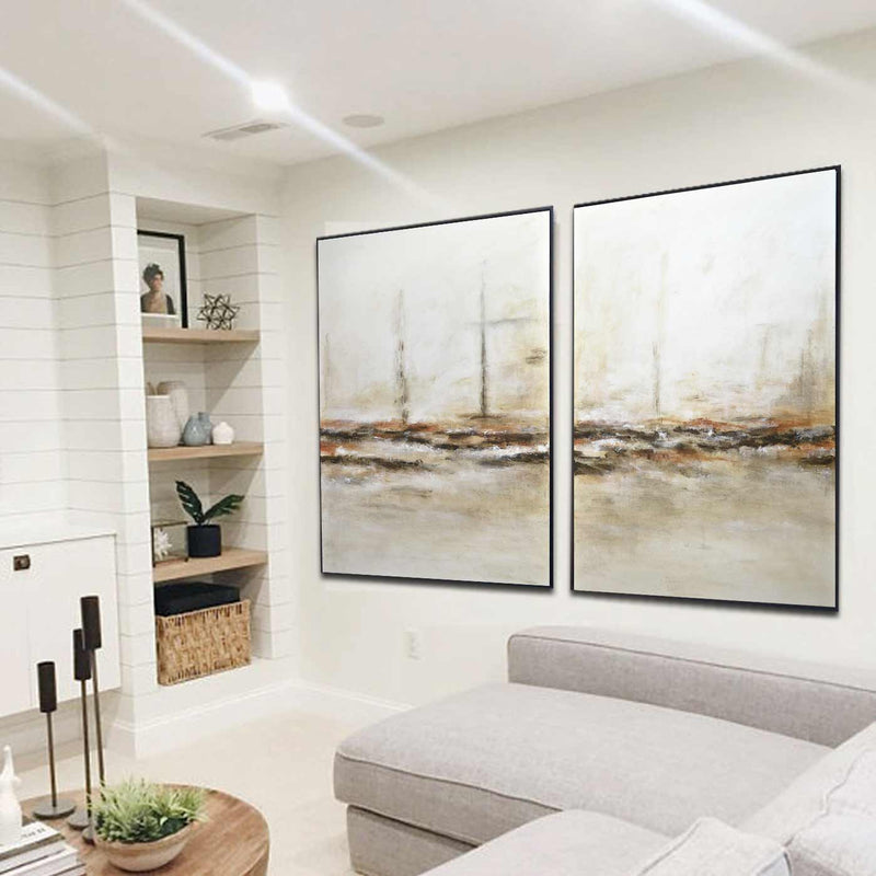 set of 2 Piece Paintings On Canvas Beige Light Art