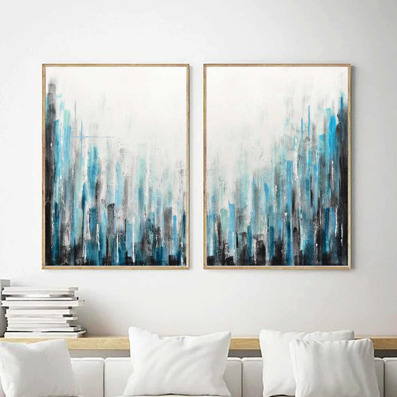 Diptych Paintings Blue White Line Art Geometric Wall Art Two Panels