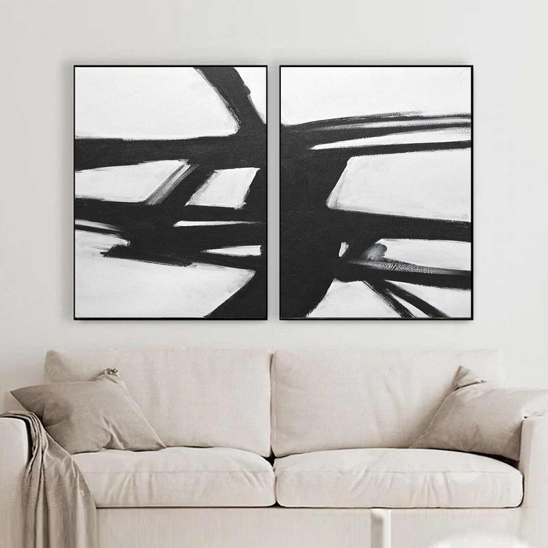 Multi Panel Black White Framed Abstracts On Canvas Expressionist "Next Chapter"