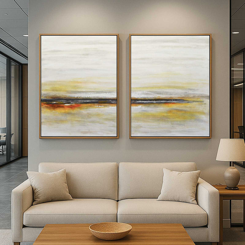 Set Of Two Minimal Paintings Beach Scene Landscape Beige double piece yellow