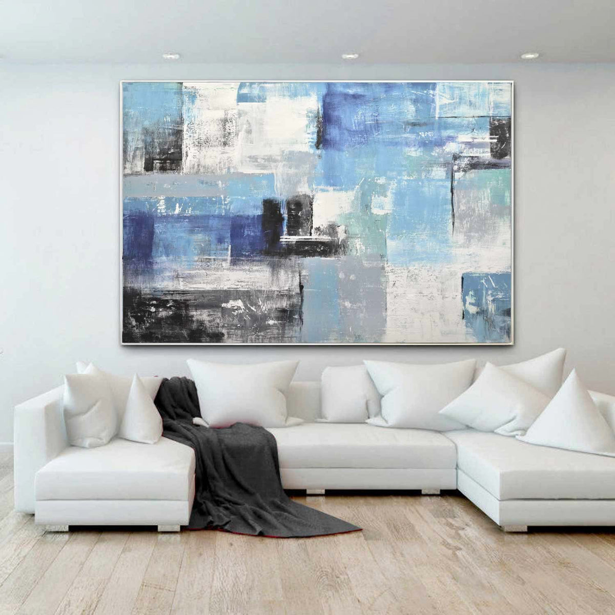 oversized Textured Blue White Abstract Paintings Geometric
