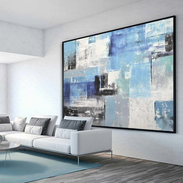 Textured Blue White Abstract Paintings Geometric above couch
