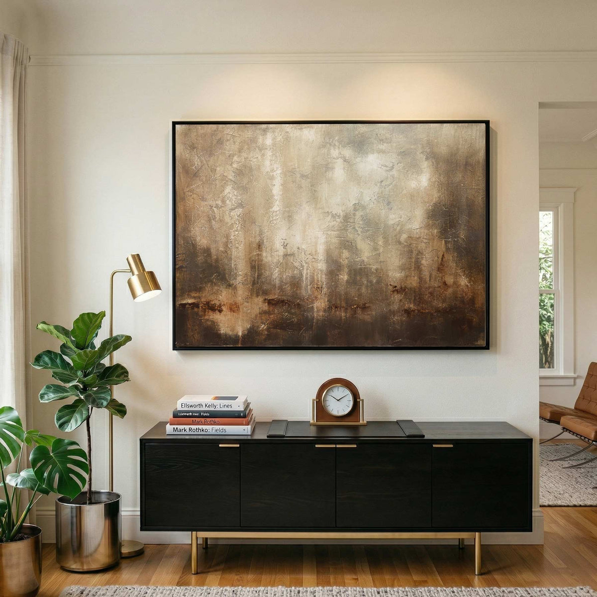 Textured Painting Neutral Colors Framed brown Artwork Rustic Design for office