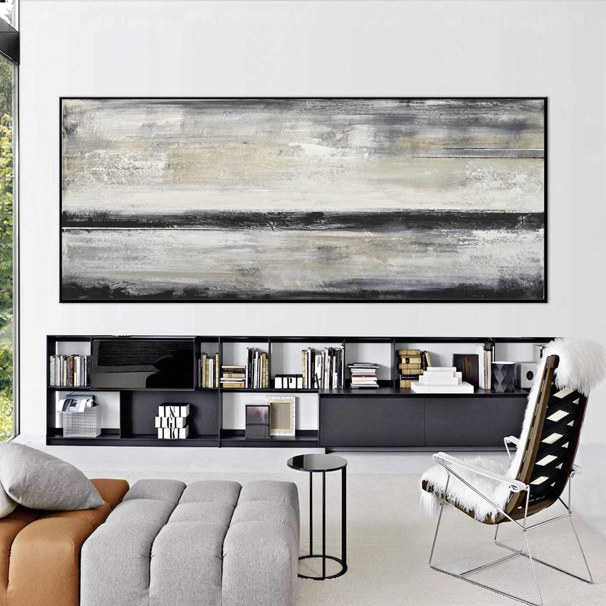 Beige Black Abstract Artwork Panoramic Painting Contemporary Oil
