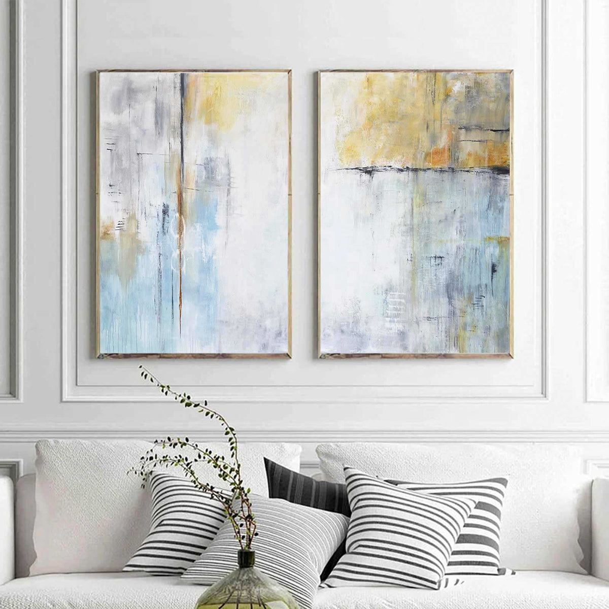 Set of Two framed contemporary Abstract Diptych Paintings For Living Room
