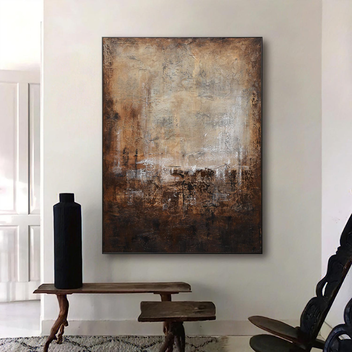 textured large Vertical Brown Painting On Canvas Calming Artwork