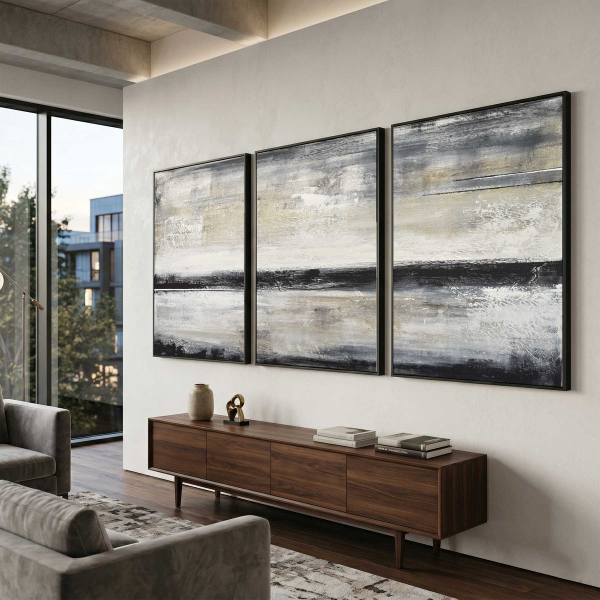 Handmade 3 Panel Wall Art On Canvas Beige Black Line Paintings