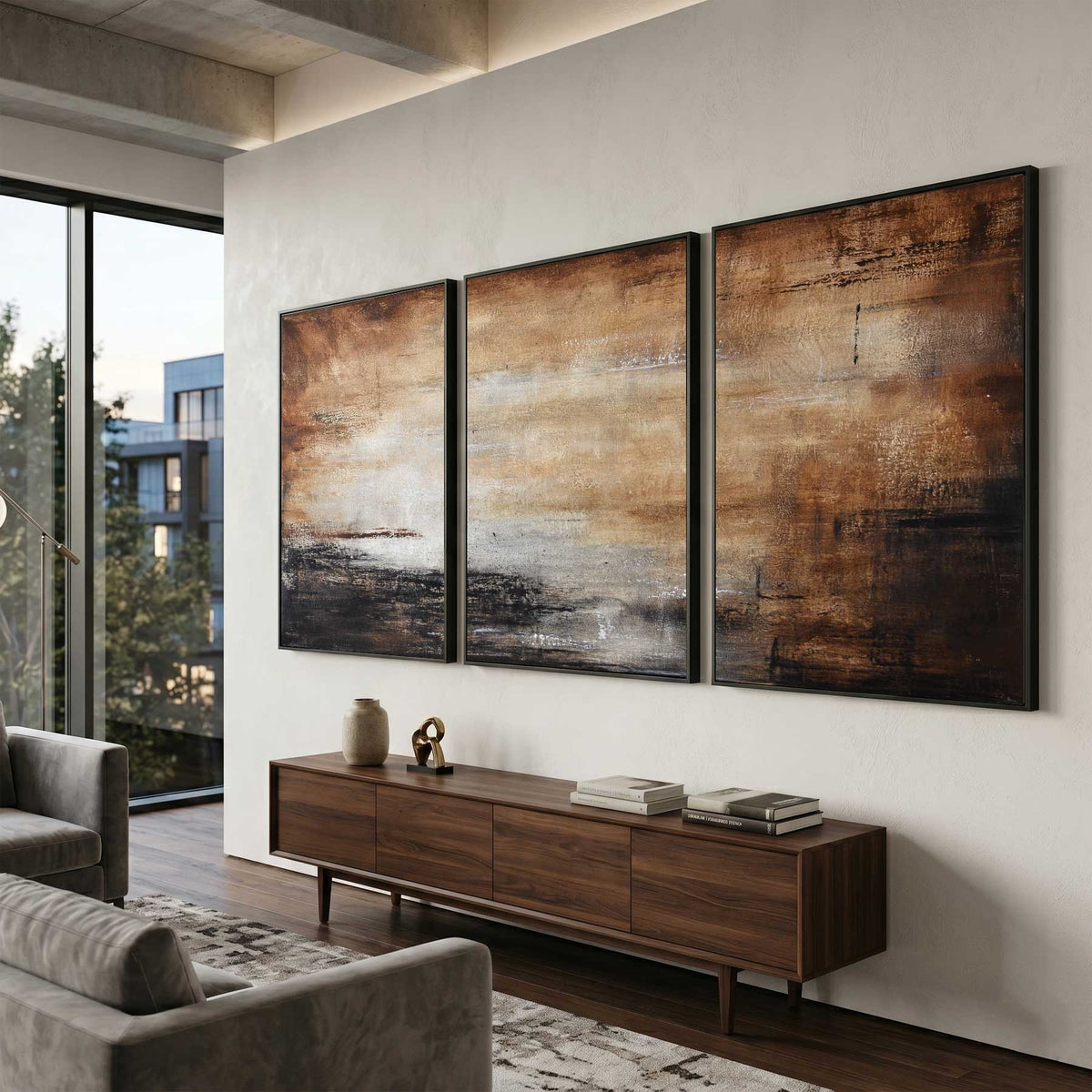 3 piece warm Brown Abstract Landscape Paintings Handmade Art living room