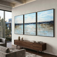 hand painted Blue Seascape Paintings Triptych 3 Panel Oil Art For living room