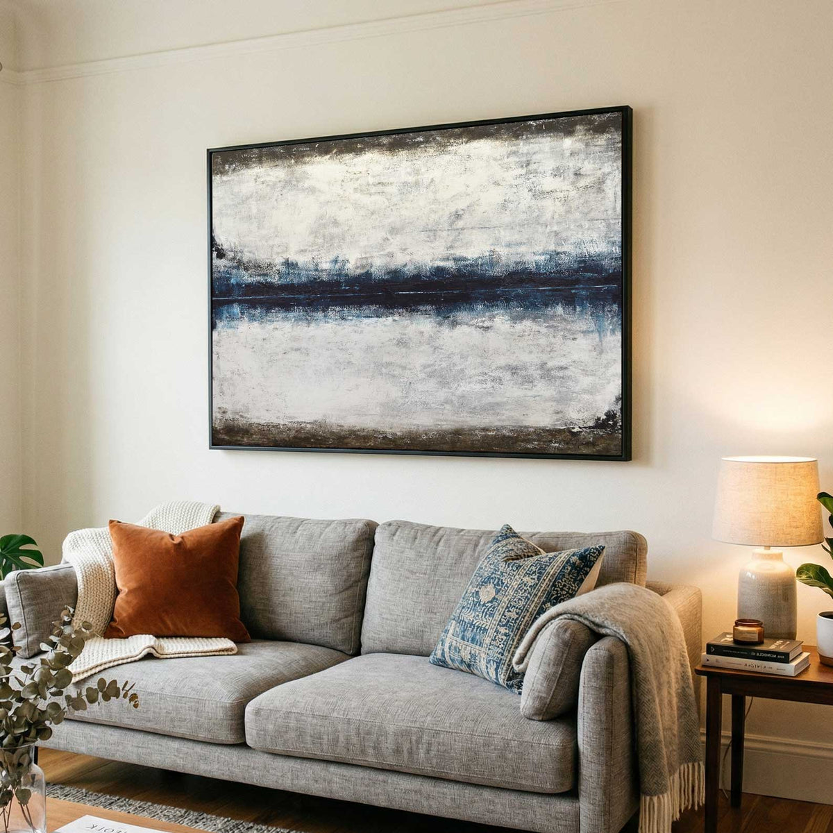 Handmade Art On Canvas Blue Brown Line above couch