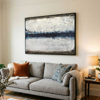 Handmade Art On Canvas Blue Brown Line above couch