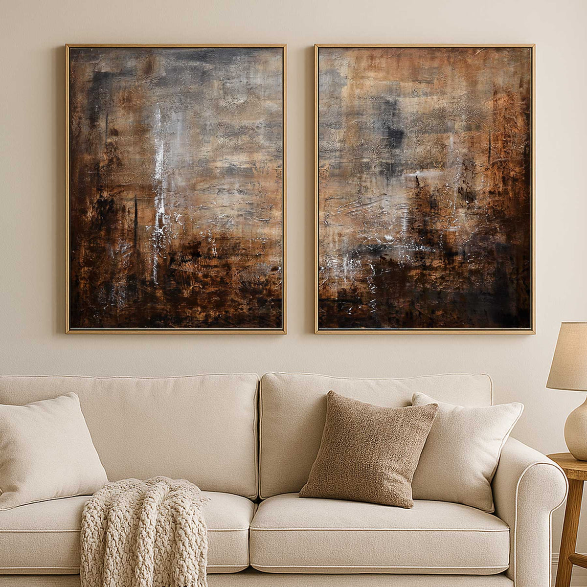 art above couch Diptych Paintings For Large Walls Textured Brown Art Wabi Sabi