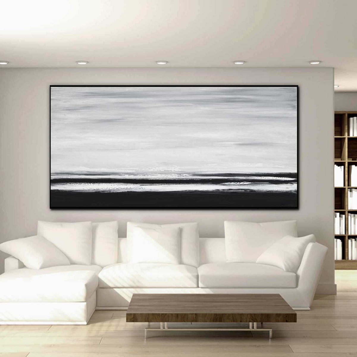 Black And White Minimal Landscape Framed Wall Art above couch
