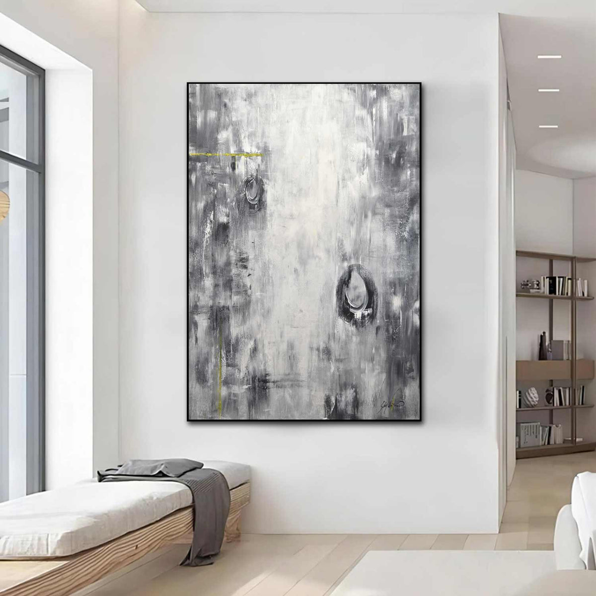 Geometric Monochrome Painting Framed Hallway Art On Canvas black white