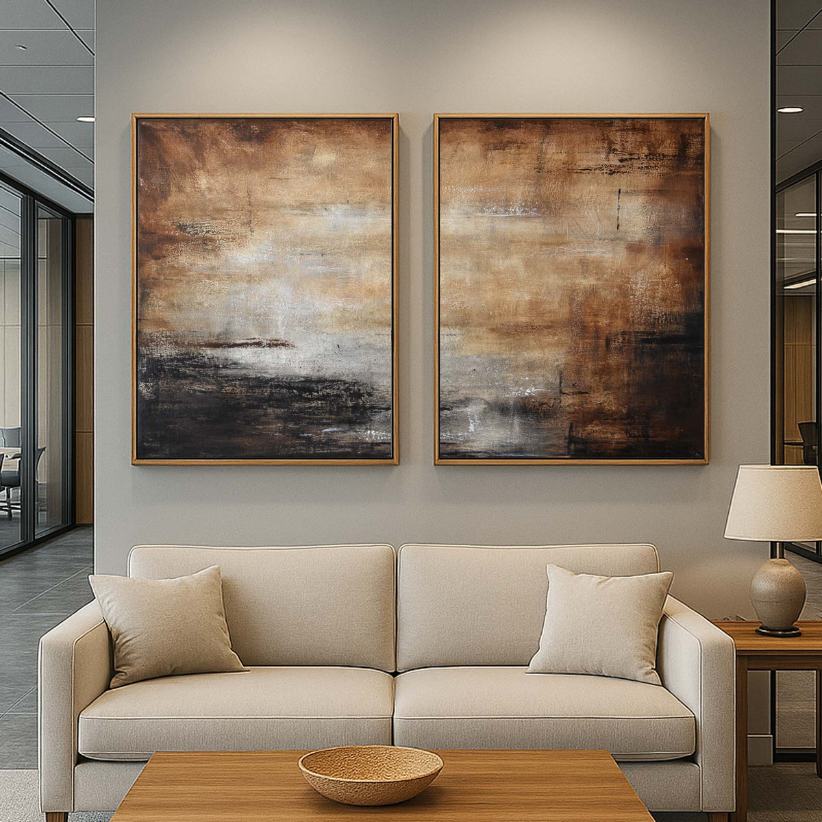 Landscape Brown Large Abstract 2 Piece On Canvas Diptych hanging in For Modern Office