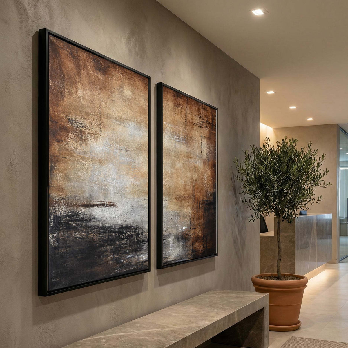 Brown Large Abstract 2 Piece On Canvas Diptych For large Modern Office