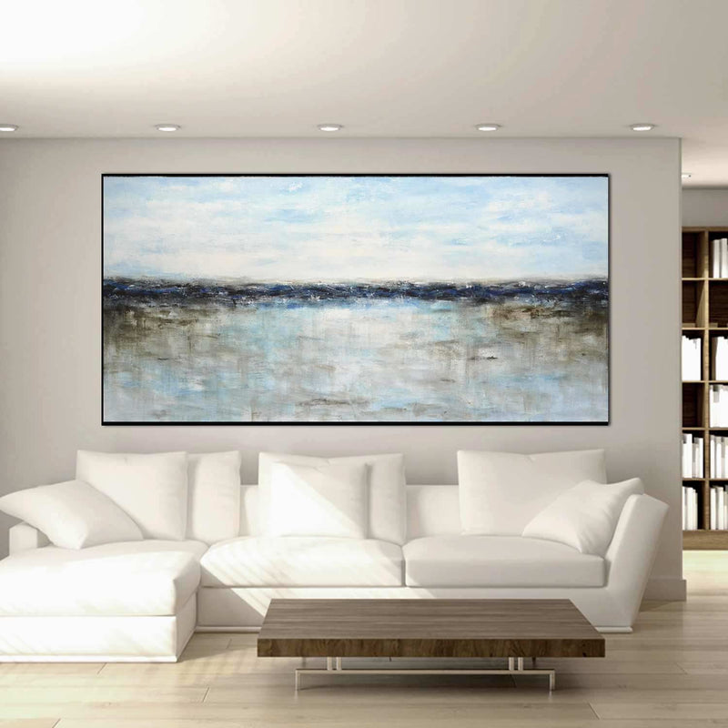 Modern Blue Wide Seascape Wall Art Original Handmade For Living Room