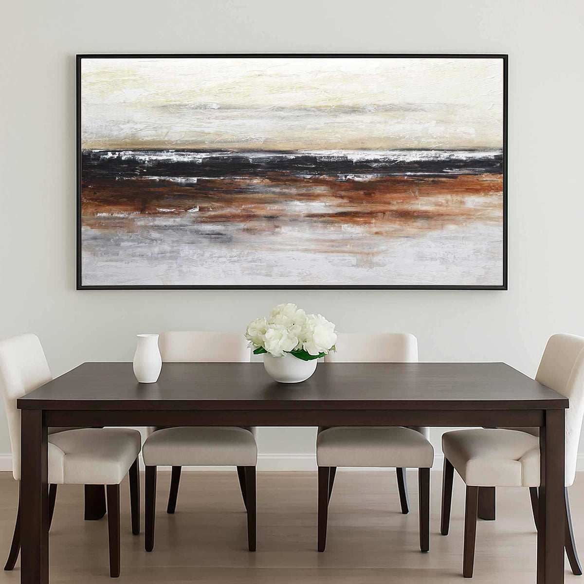 wide Painting Textured Canvas Black Line Earth Tones Art dining room