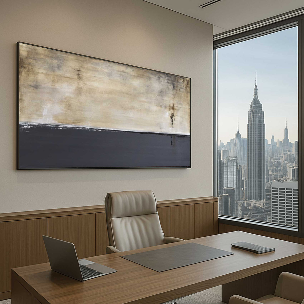 office art Long Thin Painting For Over Bed Gray Beige Calming Art