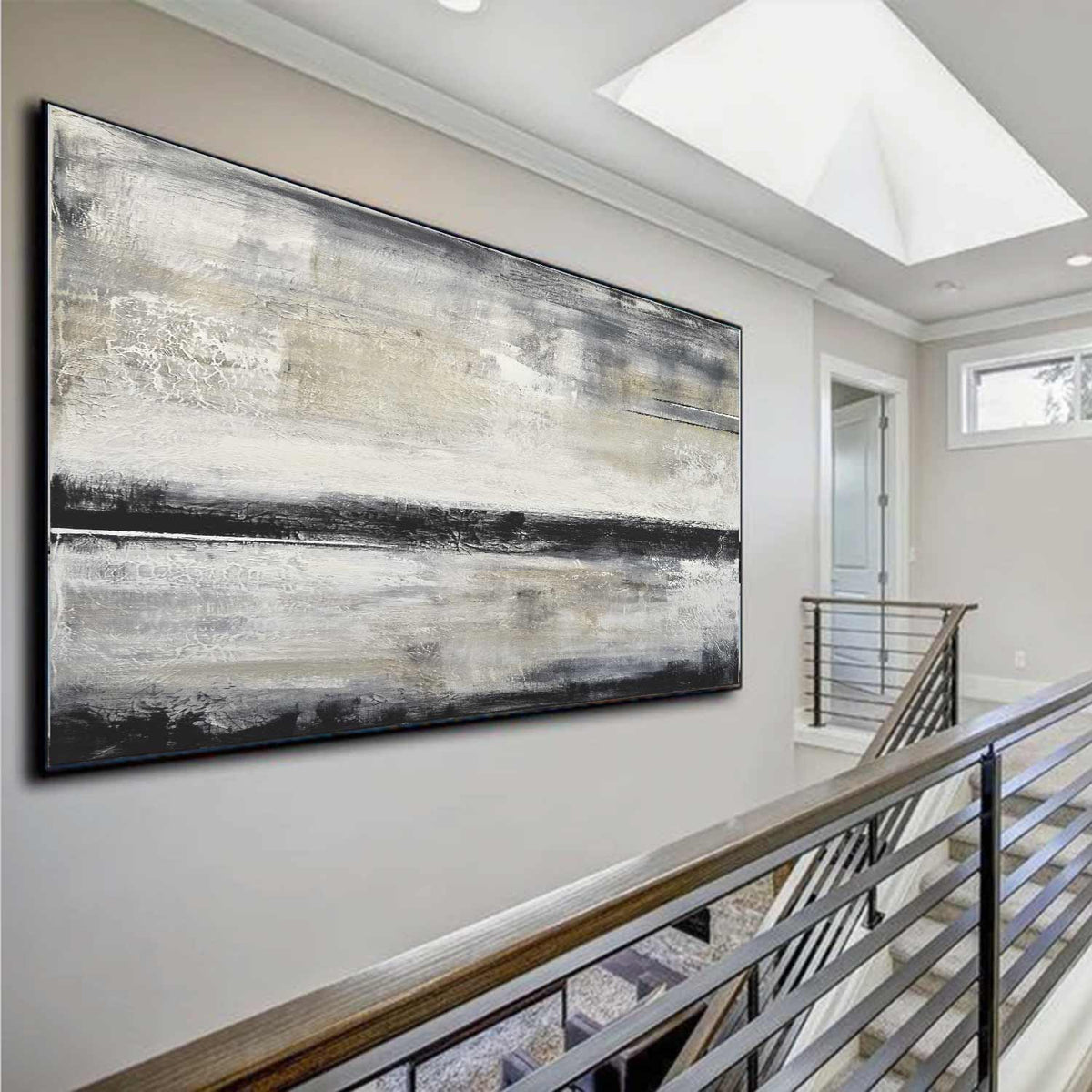 original Beige Black Abstract Artwork Panoramic Painting Contemporary Oil