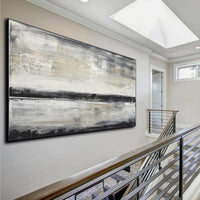 original Beige Black Abstract Artwork Panoramic Painting Contemporary Oil