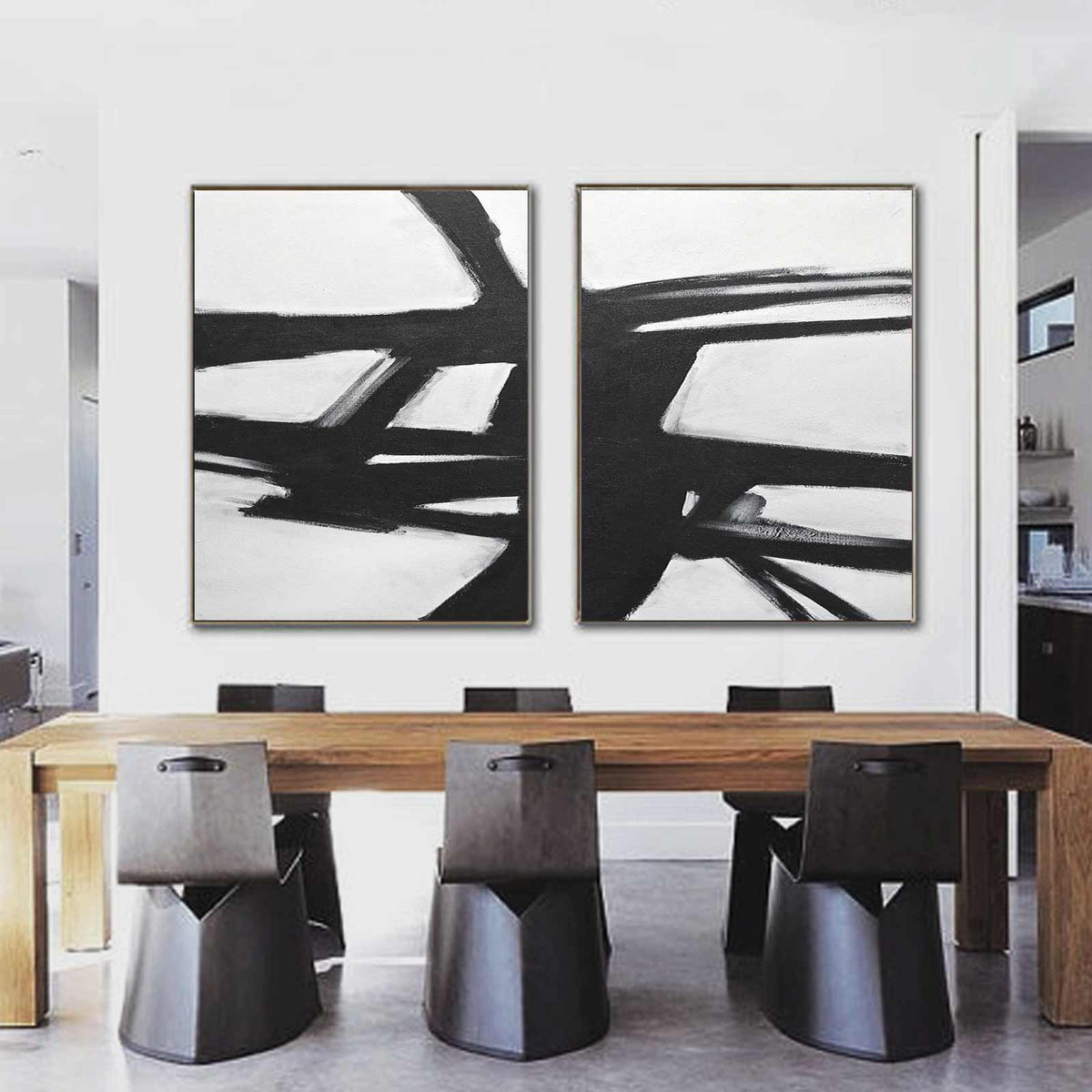 Multi Panel Black White Framed Abstracts On Canvas Expressionist "Next Chapter"