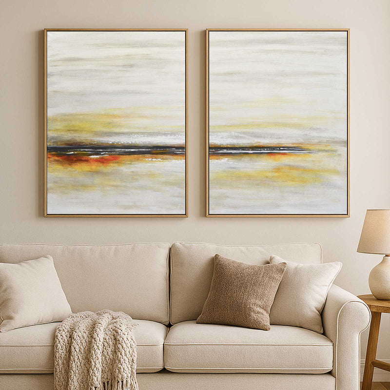 Set Of Two Minimal Paintings Beach Scene Landscape Beige above sofa