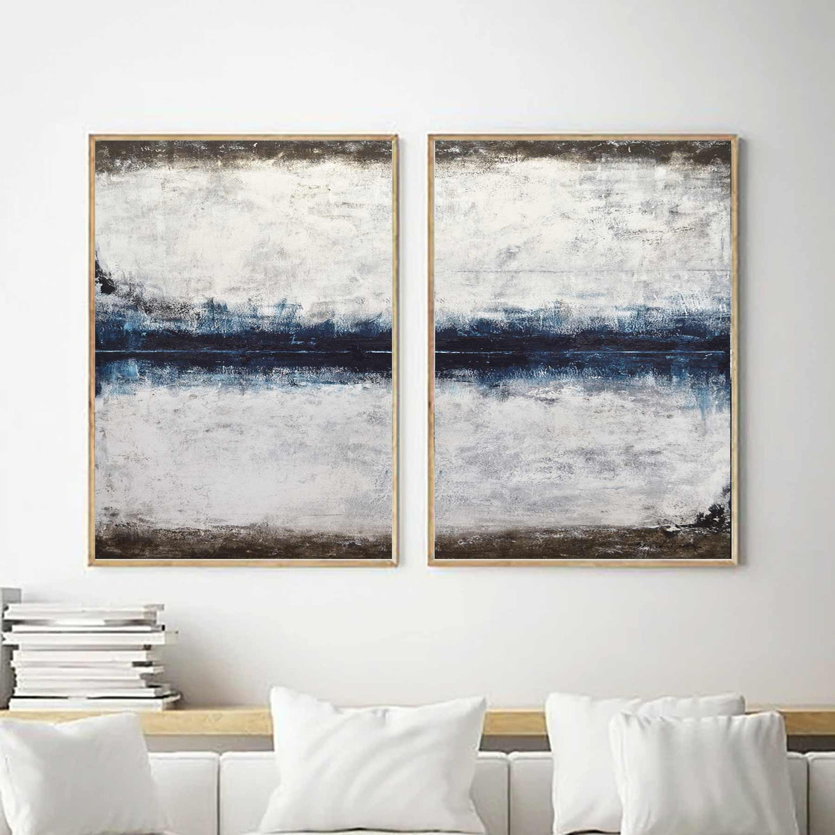 Set Of 2 Blue Paintings Very Large Abstracts Diptych Framed