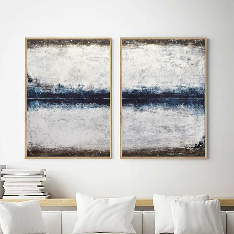 Set Of 2 Blue Paintings Very Large Abstracts Diptych Framed