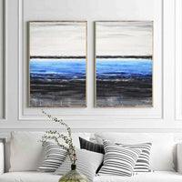 Diptych Painting Blue White Black Art On Canvas Seascape Ocean set of 2