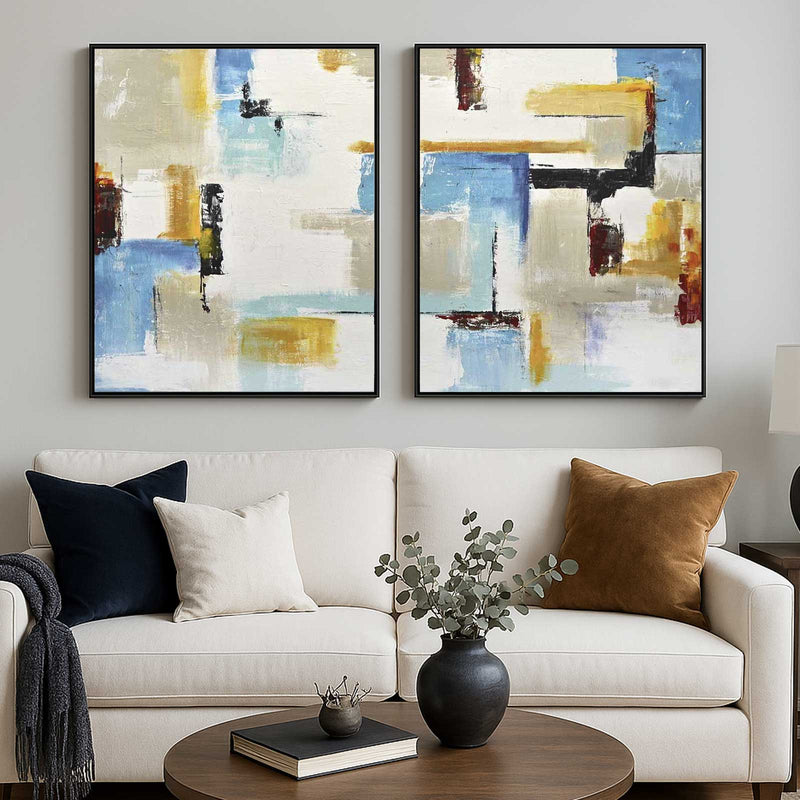 Set Of 2 Abstract Paintings Extra Large Wall Art Shapes Geometric