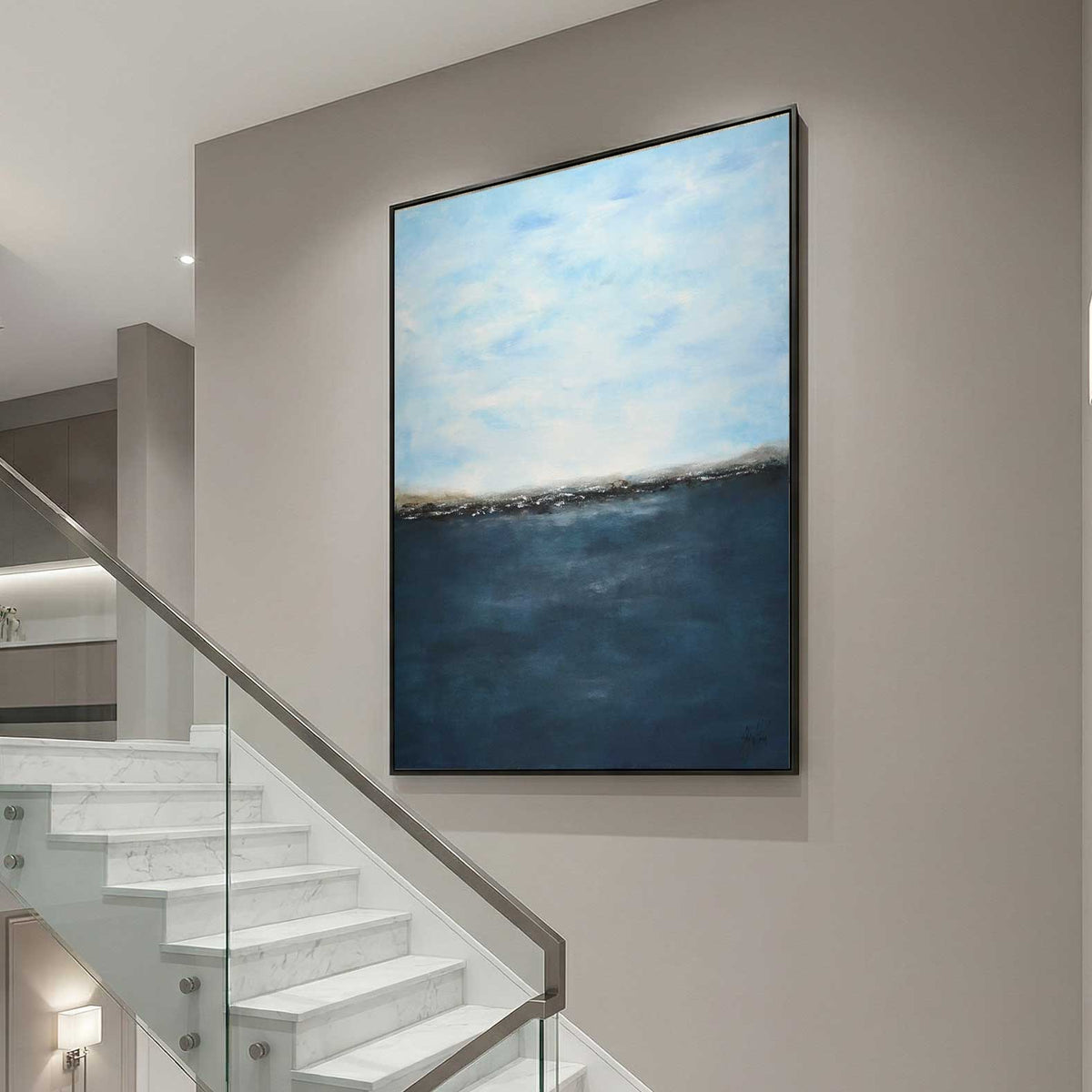 Deep Blue Abstract Seascape Painting Framed Art in staircase
