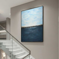Deep Blue Abstract Seascape Painting Framed Art in staircase