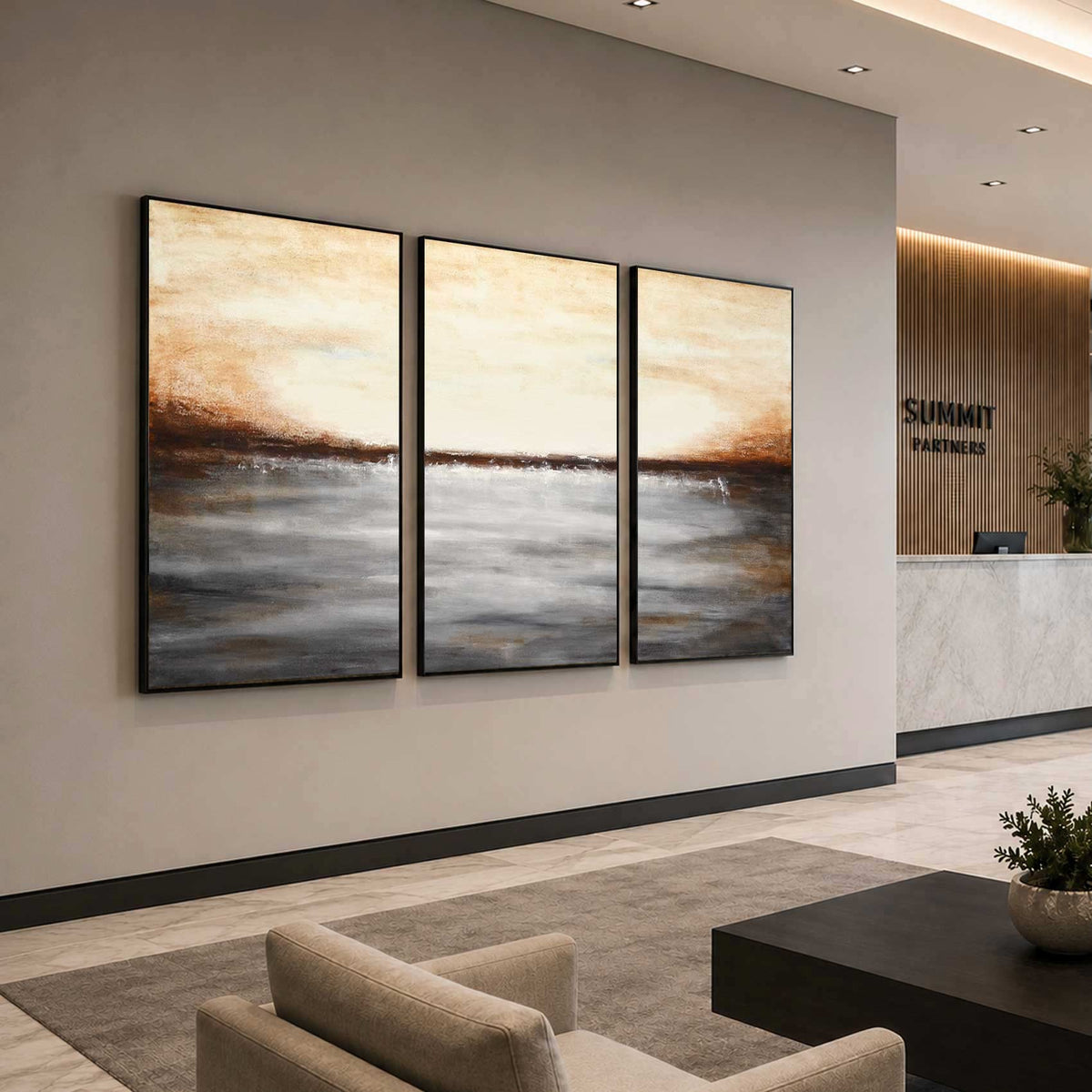 Set of 3 Paintings For Office Conference Room Landscape Brown framed Art