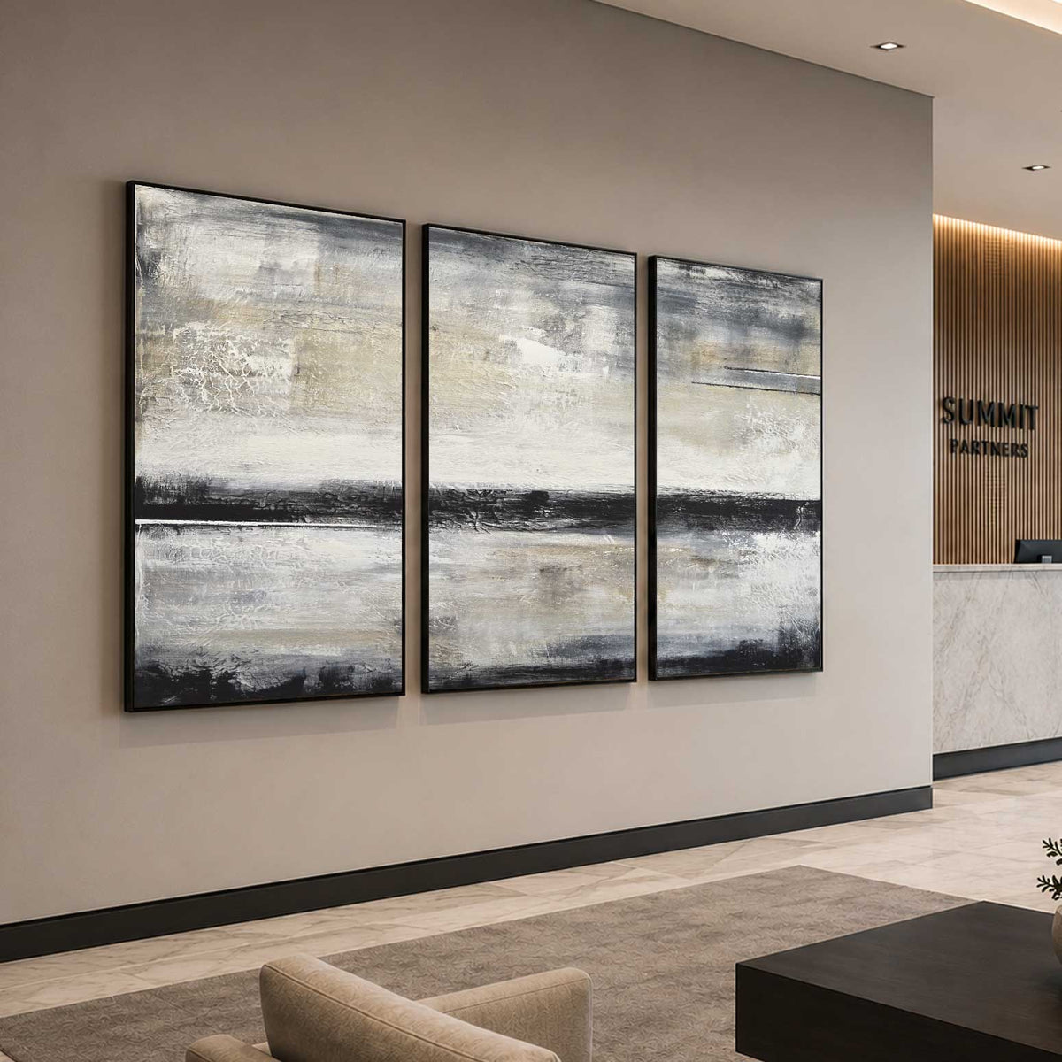 Hand Painted triptych Wall Art On Canvas Beige Black Line Paintings