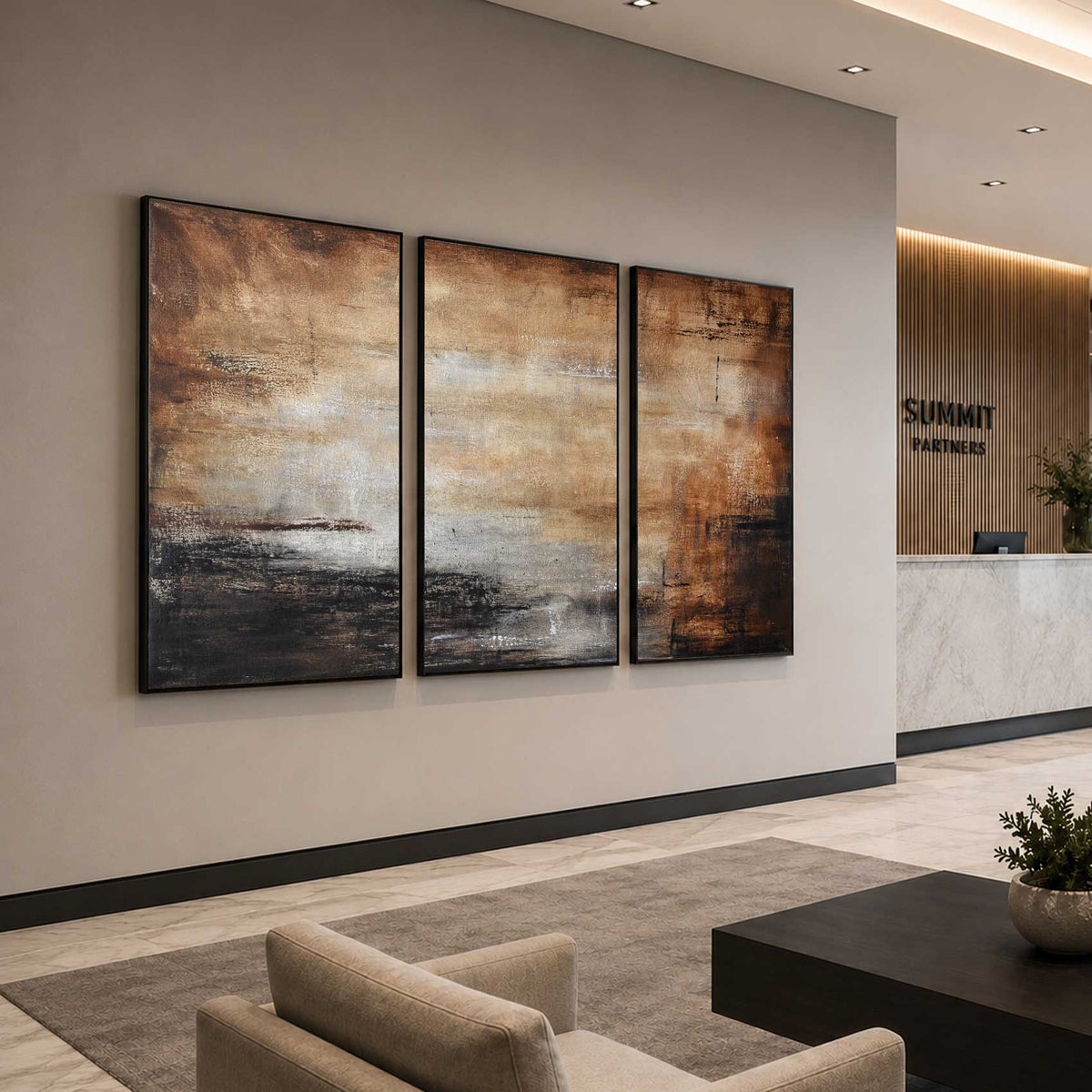 office lobby Set of 3 Brown Abstract Landscape Paintings Handmade Art