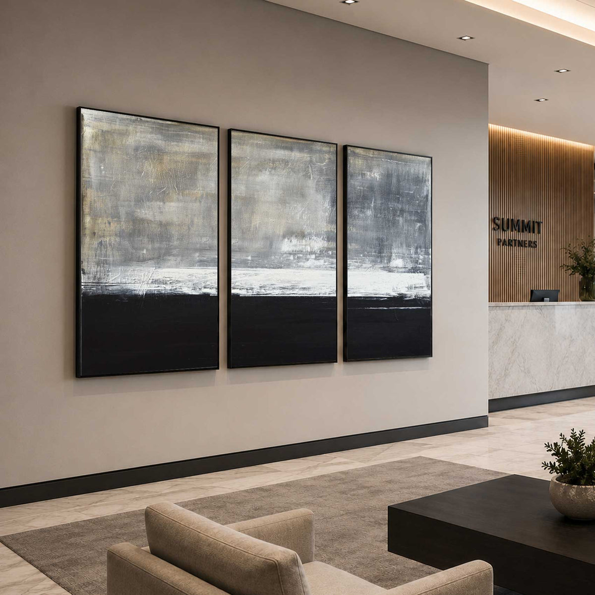 Triptych Framed Art for Large Walls Black White Handmade